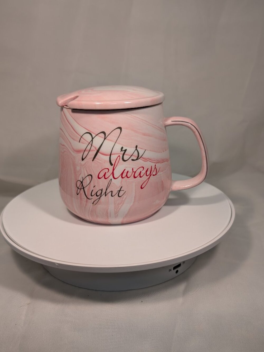 Hand Painted ? Pink Marble “Mrs Always Right” Ceramic Tea /Coffee Mug With Lid - Picture 5 of 7